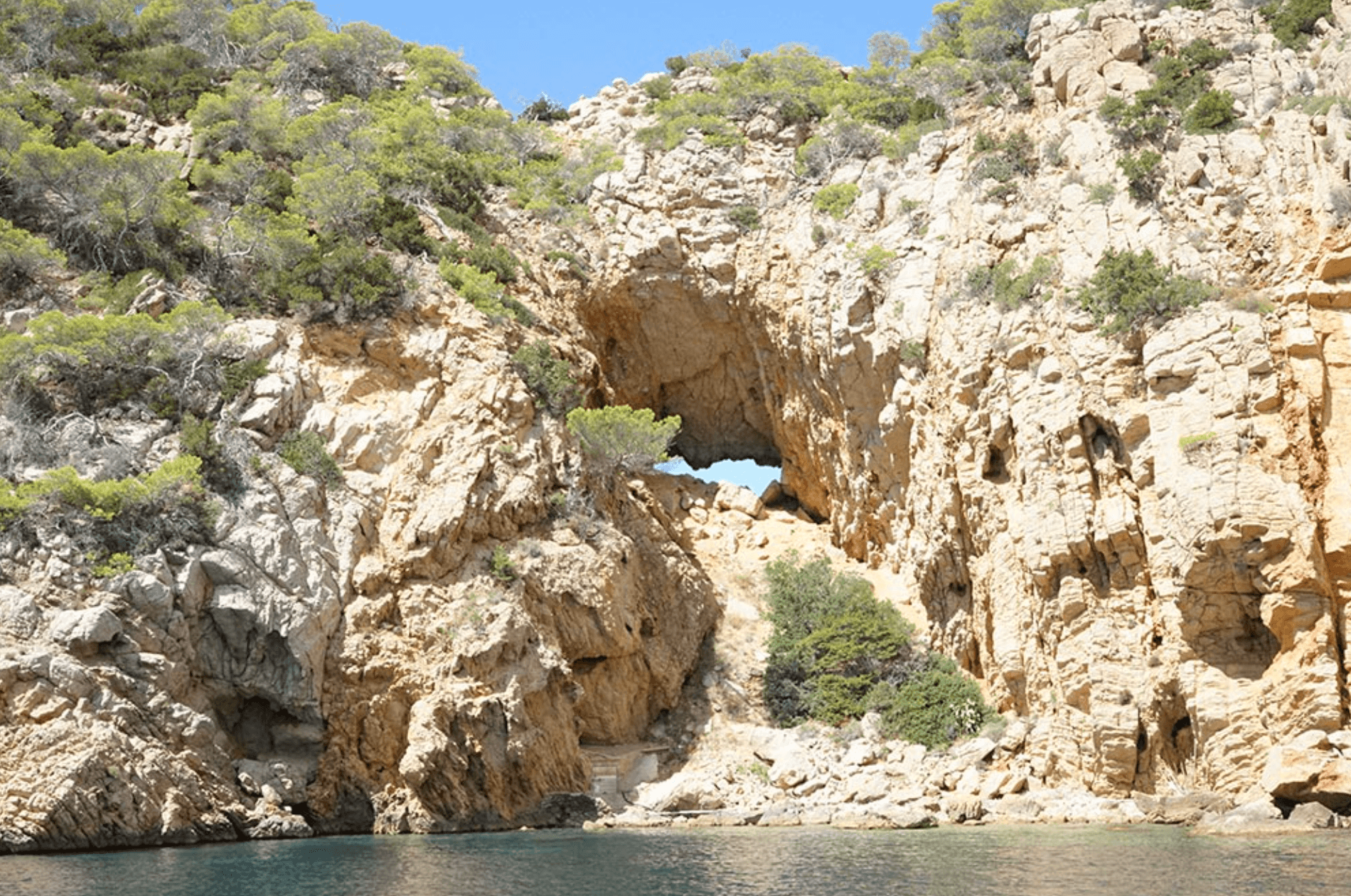 Aerial view of Salvador Ibiza near cliffs, North Ibiza Route