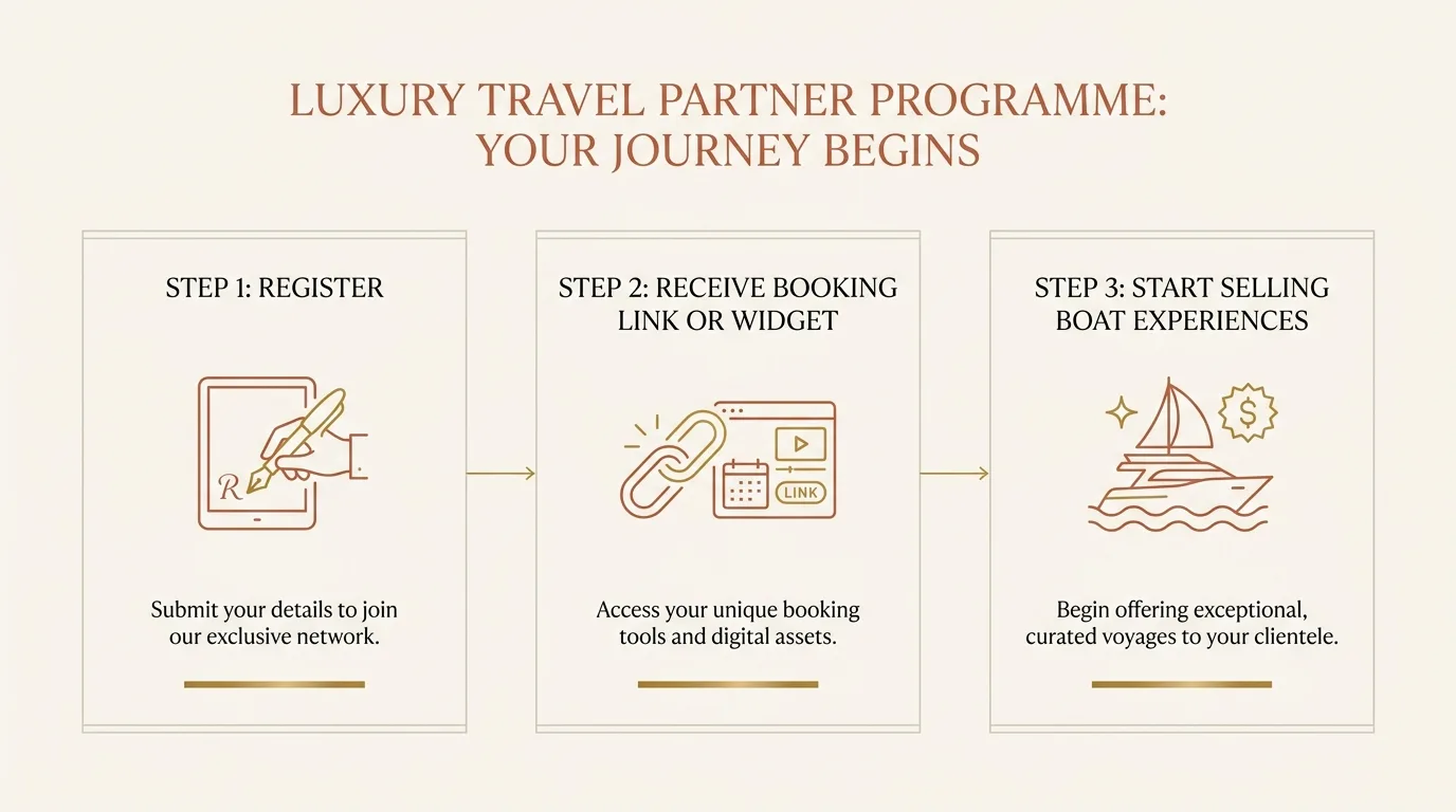 Luxury travel partner programme — three steps: register, receive booking link or widget, start selling boat experiences