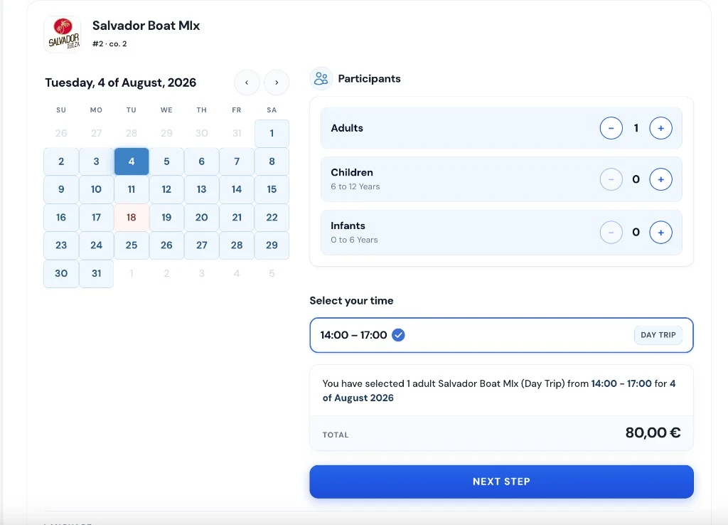 Salvador Ibiza booking widget — calendar, date and ticket selection for partners