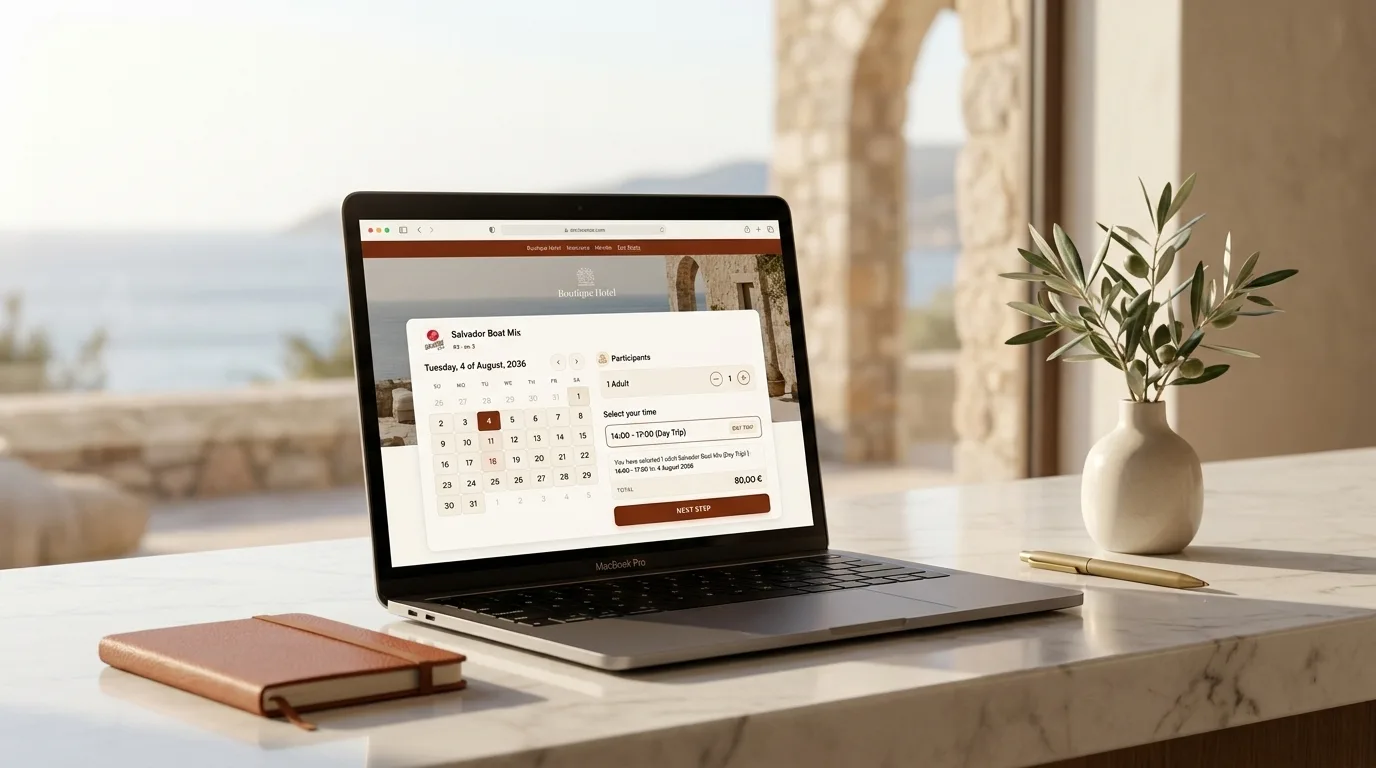Salvador Ibiza booking widget embedded on a boutique hotel website — concierge desk mockup